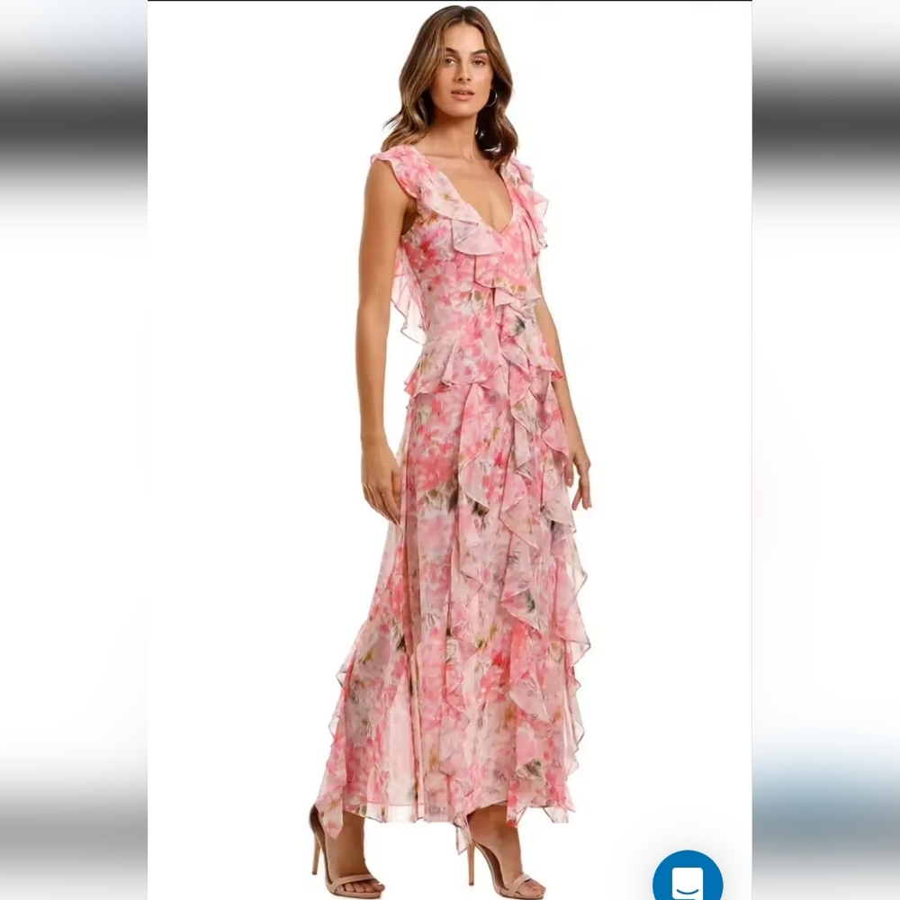 Misa Los Angeles Pink Floral Ruffle Maxi Dress